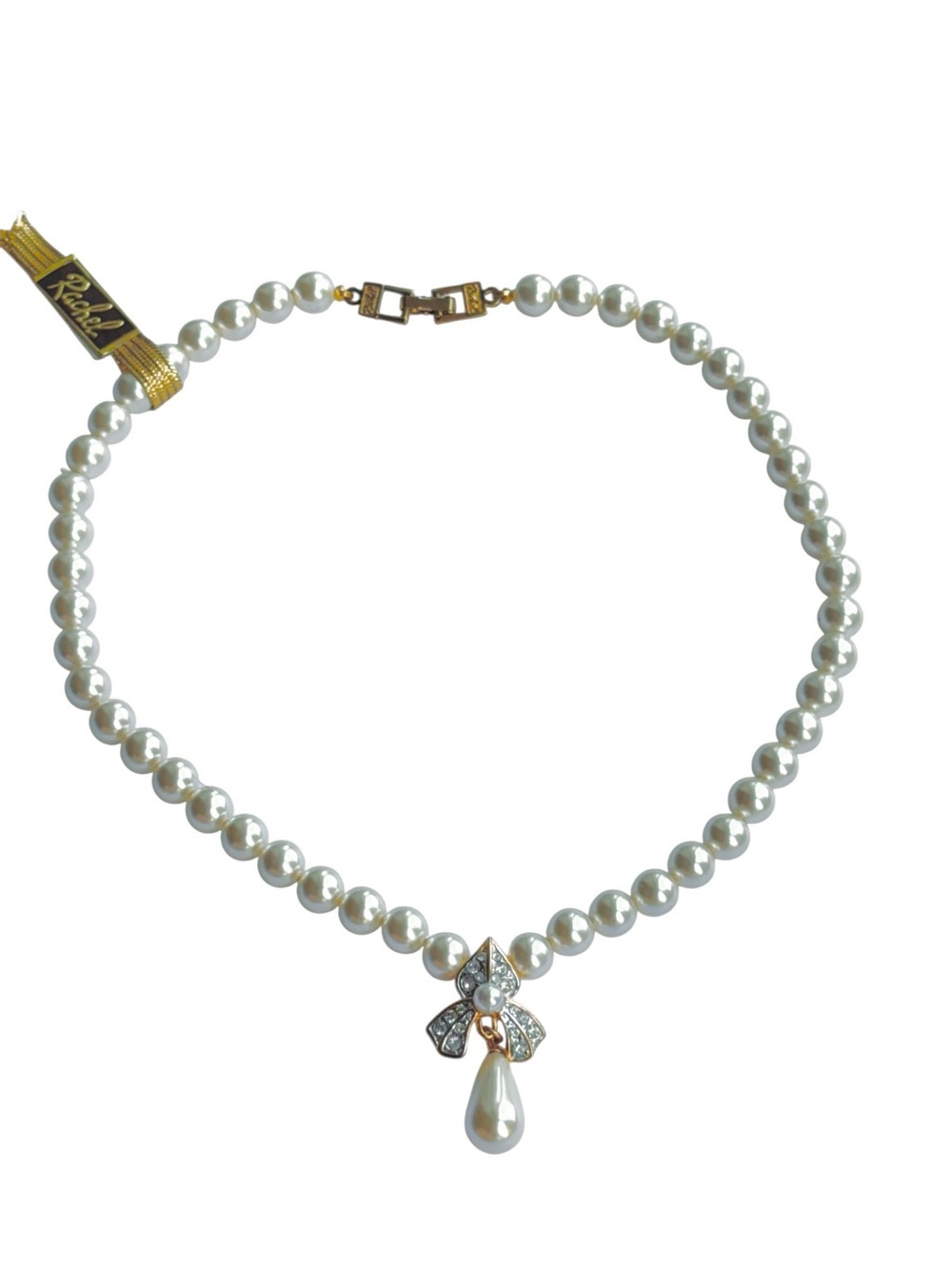 Vintage NWT Rachel 70s Pearl Bow Pendant Necklace Swarovski Crystal Drop 16”